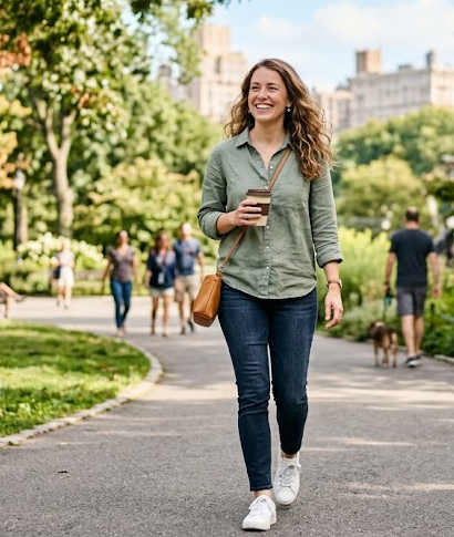 Žena kráčí lesní cestou v přírodě, sluneční paprsky mezi stromy